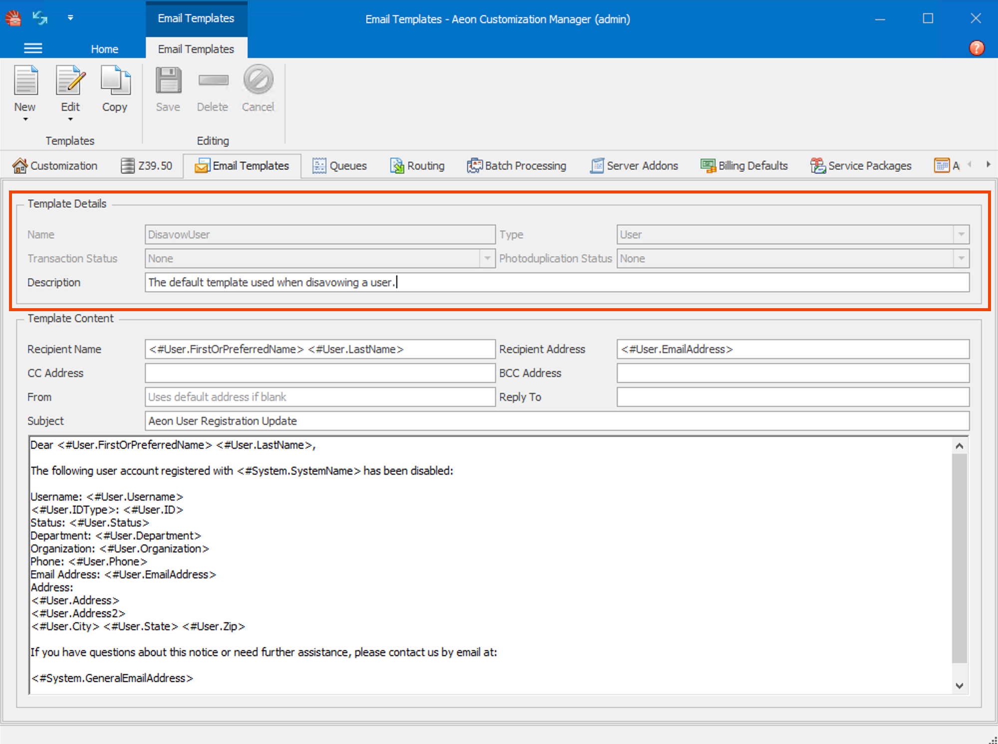 DisavowUser template in the Aeon Customization Manager